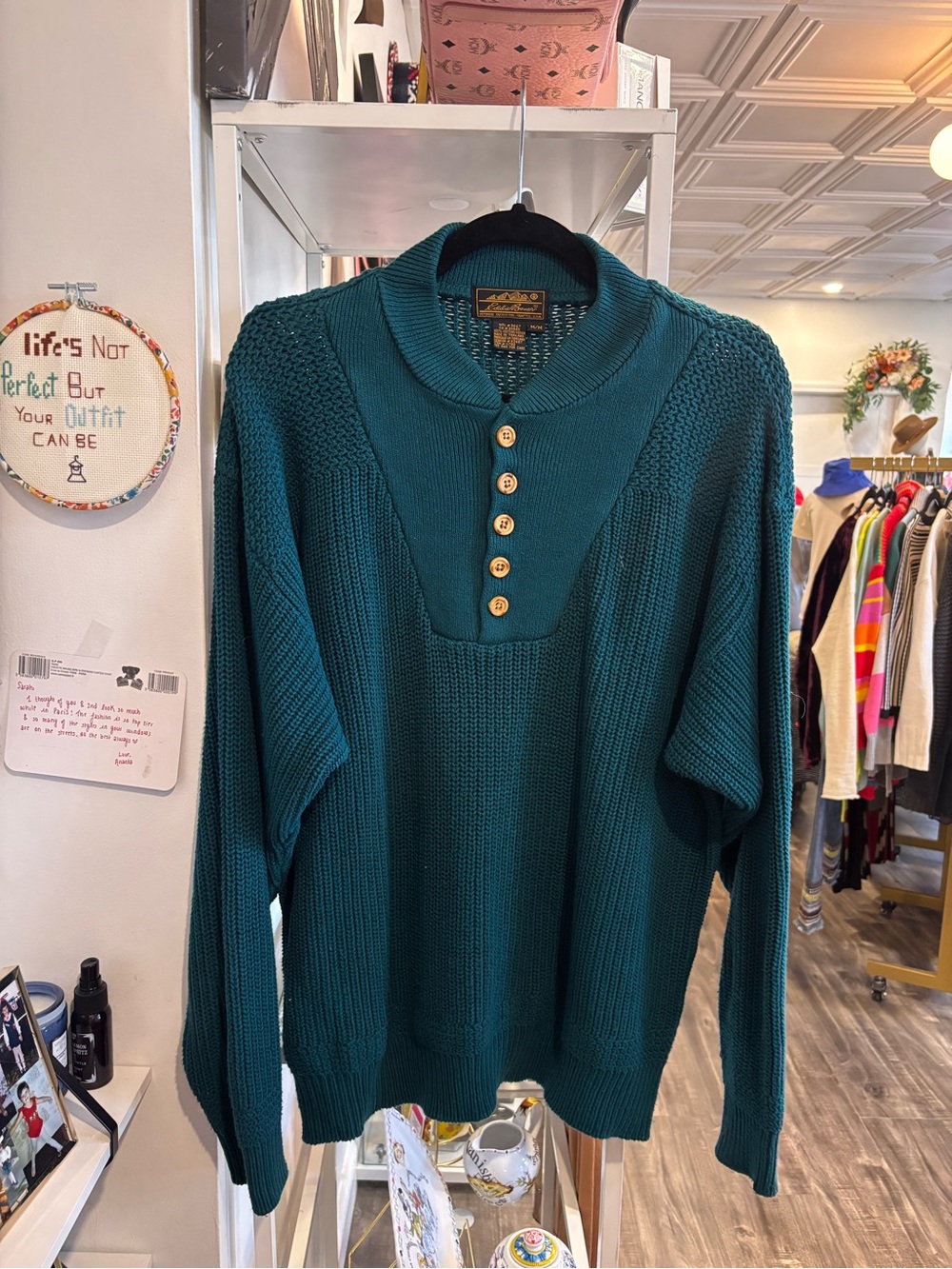 Eddie Bauer vintage Teal Crewneck Button Pullover Sweater